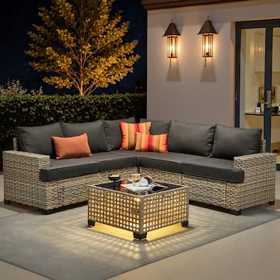 OVIOS 6 Pieces T shaped Seat Wide Armrest Set With Solar-Powered Coffee Table