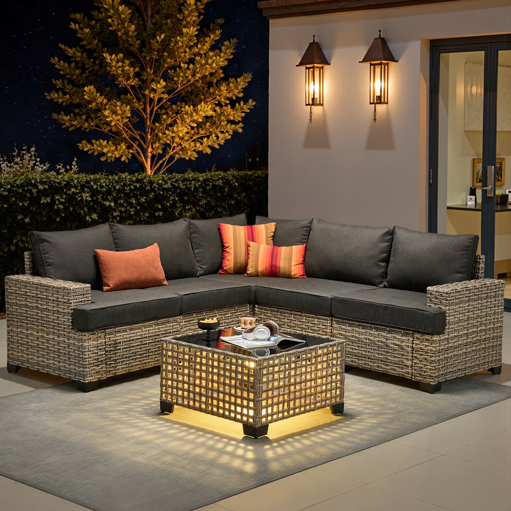 OVIOS 6 Pieces T shaped Seat Wide Armrest Set With Solar-Powered Coffee Table
