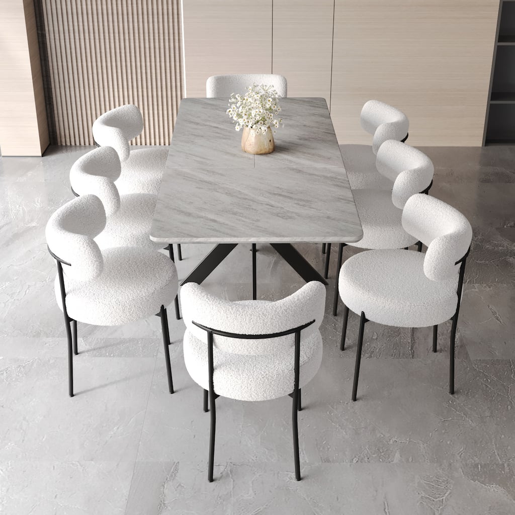 Grey Curved Backrest Round Padded Dining Chairs, Extendable Dining Table with Metal Legs, Stylish Table & Chairs Set