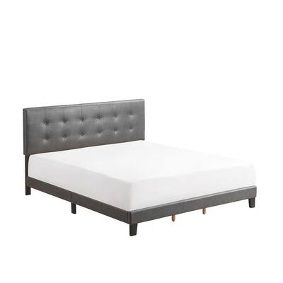 Leatherette King Size Platform Bed with Button Tufted Headboard,Gray
