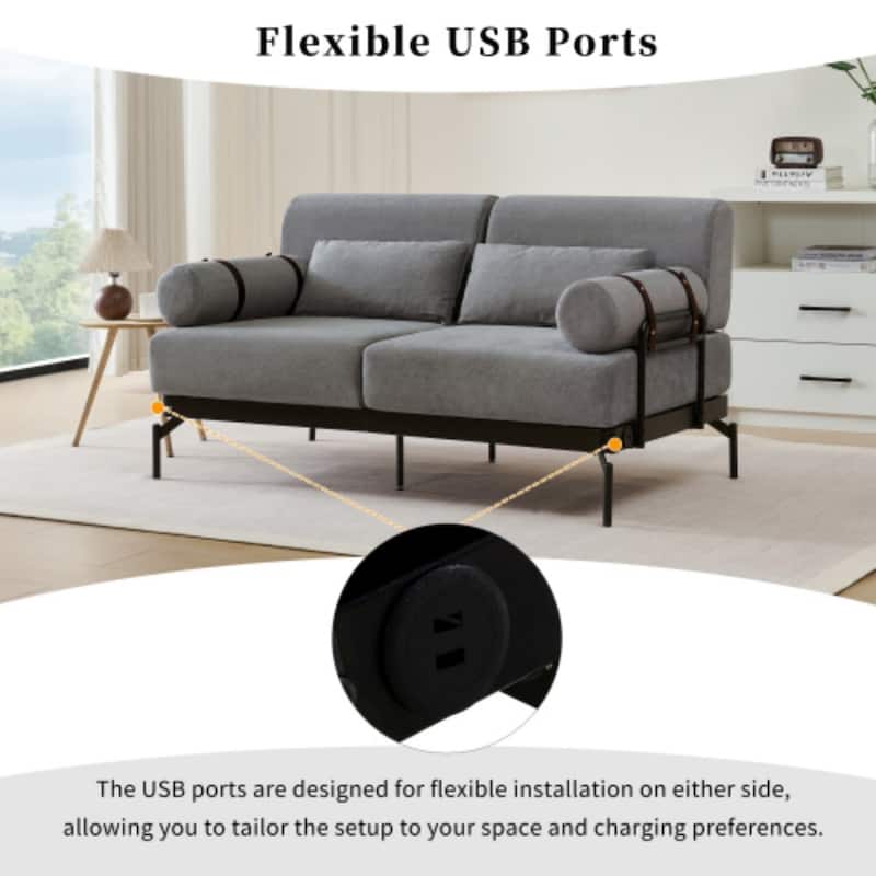 59" Modern 2-seater Sofa Couch with Flexible USB Ports and Cylindrical Armrests