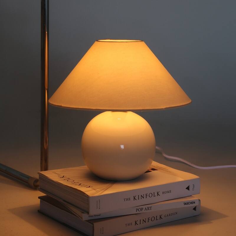 Brightech Fiona LED Off-White Cream Ceramic Midcentury Round Globe Bedside Nightstand Desk Lamp with Cream Cotton Empire Shade