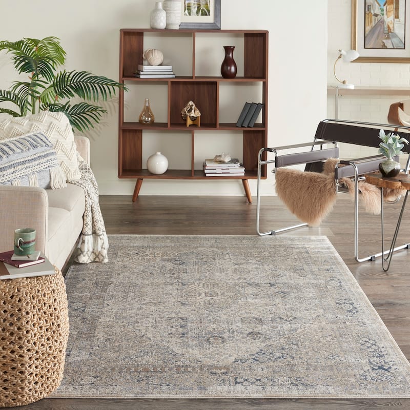 Malta Vintage Oriental Bordered Medallion Area Rug - 5'3" x 7'7" - Ivory/Blue - Runner/Rectangle