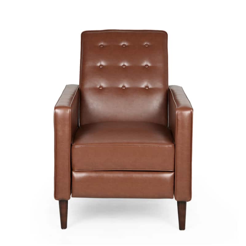 Mid-Century Modern Push-Back Recliner Chair with Retractable Footrest 34.25" Faux Leather Lounge Armchair with Wood Legs