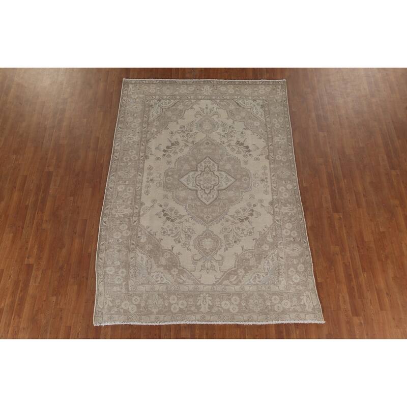 Distressed Beige Tabriz Persian Vintage Rug Hand-Knotted Wool Carpet - 6'4"x 9'3"