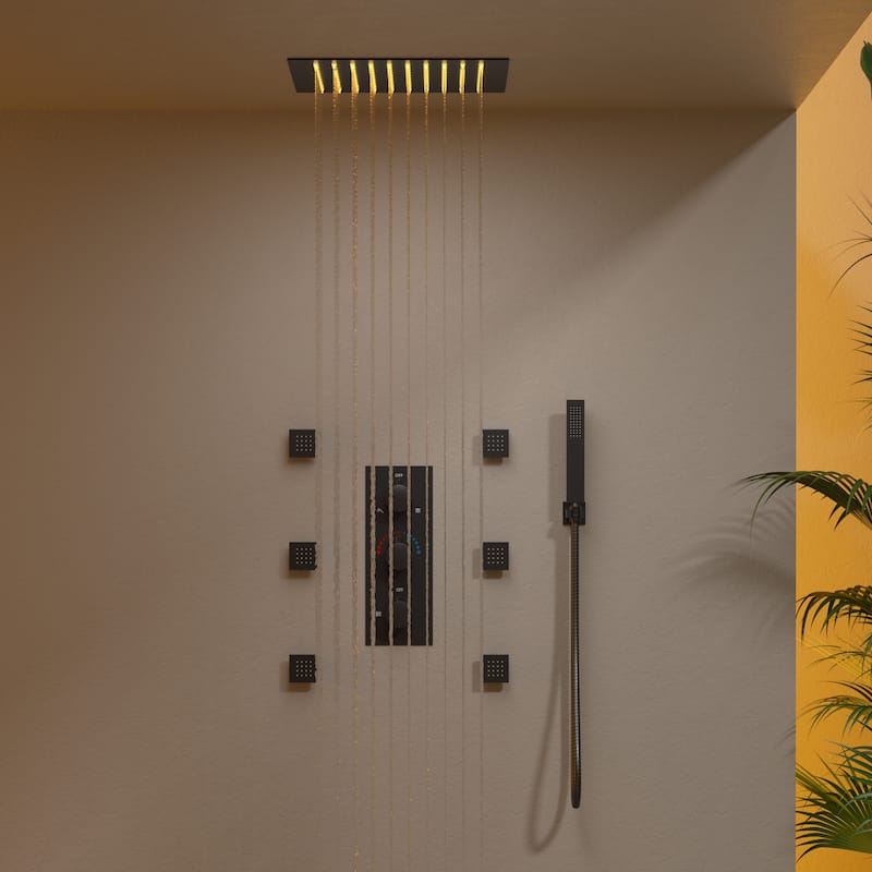 GRANDJOY Shower System 12 inch Ceiling Mount Rainfall Shower Head Body Jets Handheld Spray Combo 64 Colors LED - Matte Black