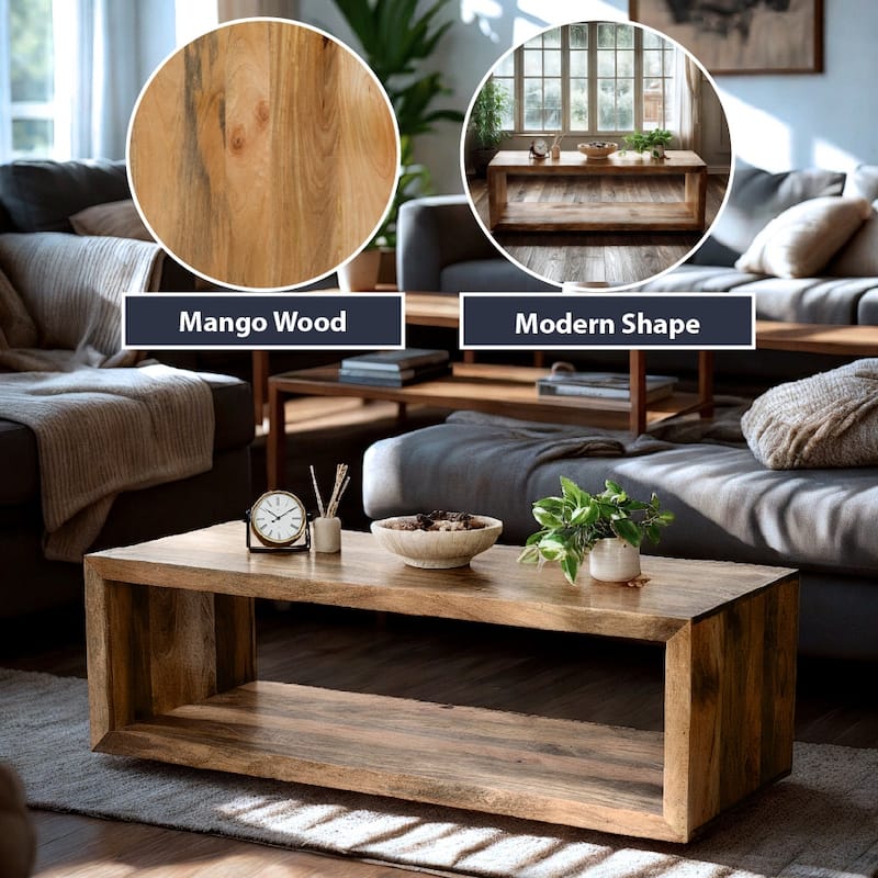 Modern Rectangular Mango Wood Coffee Table with Open Shelf - 57" Wide, Natural Finish