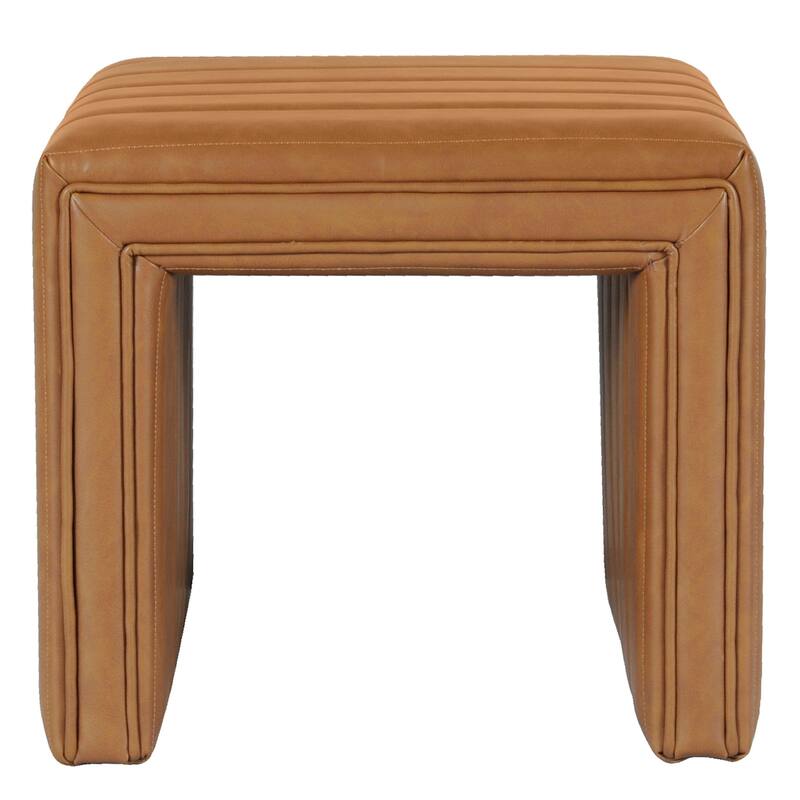Ada Footstool Ottoman, Channel Tuft Caramel Brown Faux Leather 19 Inch