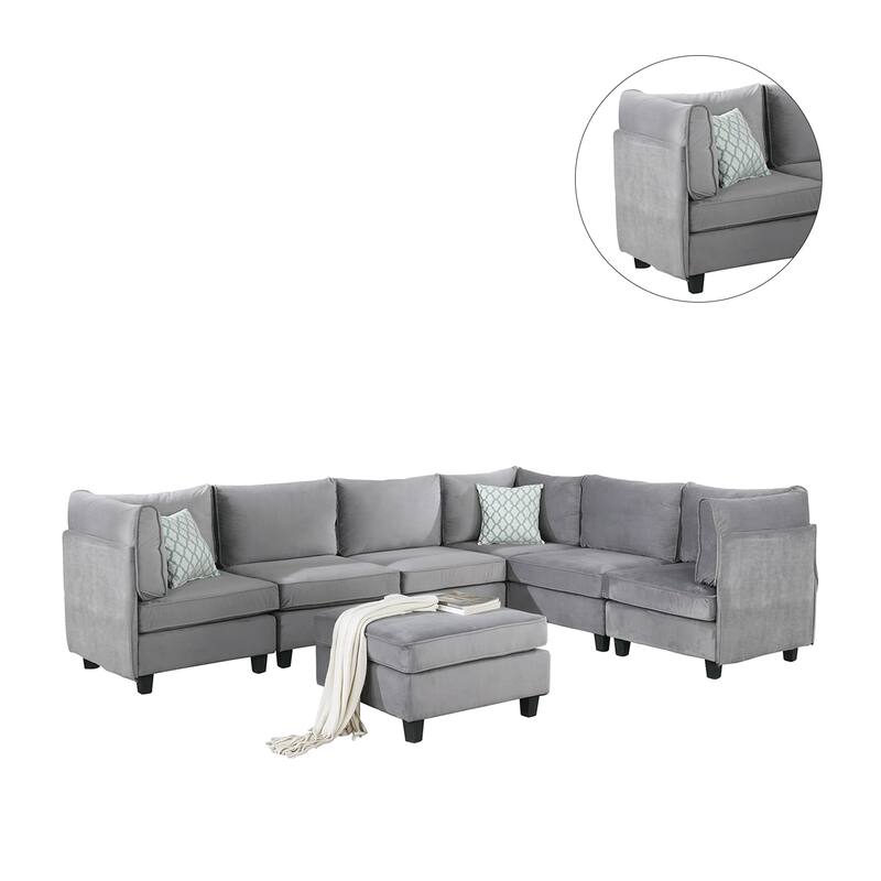 7 Piece L Shape Velvet Modular Sectional Sofa with Ottoman, Gray