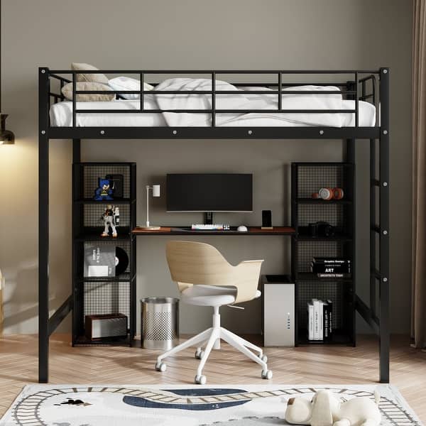 slide 2 of 11, Full Size Metal Loft Bed with Built-in Desk and Shelves