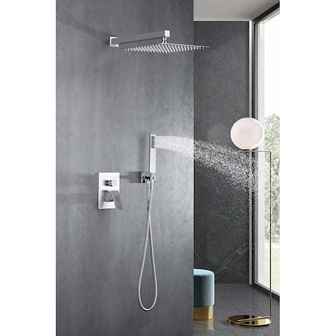 brushed nickel wall mount 12 inch rain head 2 way shower faucet with handle sprayer - 7'6" x 10'9"