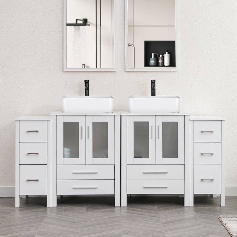 72" Bathroom Vanity Set Glass Ceramic Vessel Sink Side Cabinet Combo