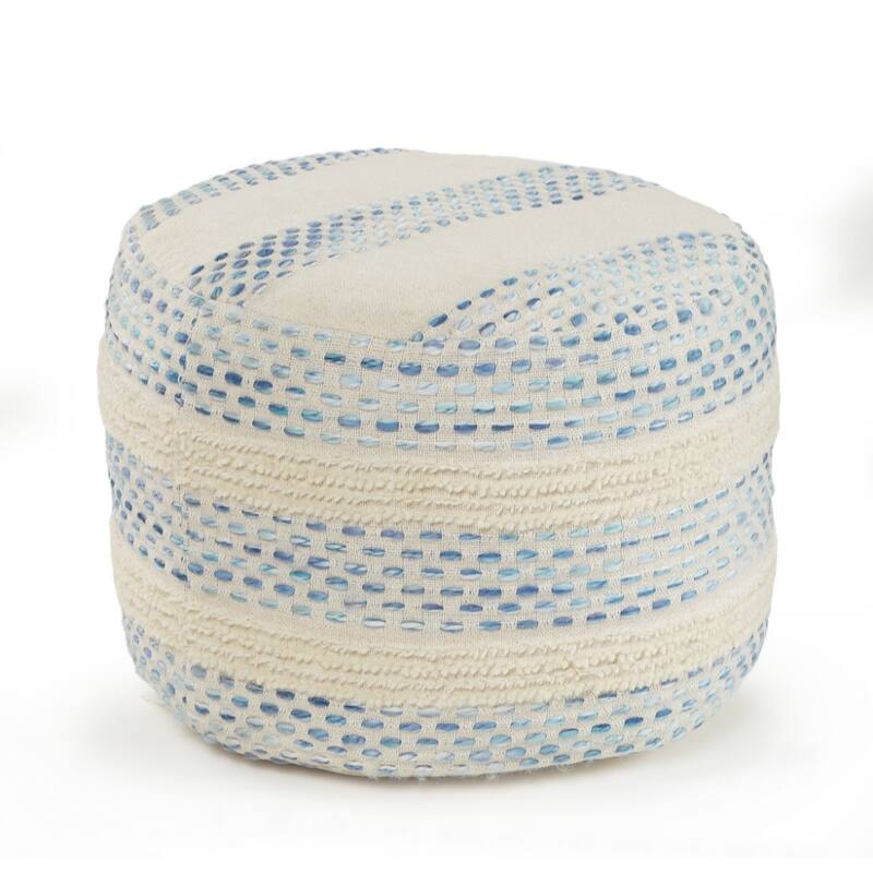 18" Soft Upholstered Striped Pouf Ottoman Blue Cotton Blend Accent for Living Room Decor - Blue-Off-White