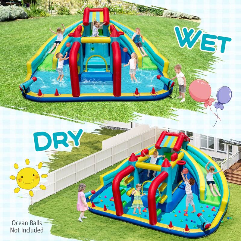 Large Inflatable Water Slide Park for Kids with Double Slides Bounce House Water Cannons 680W Blower