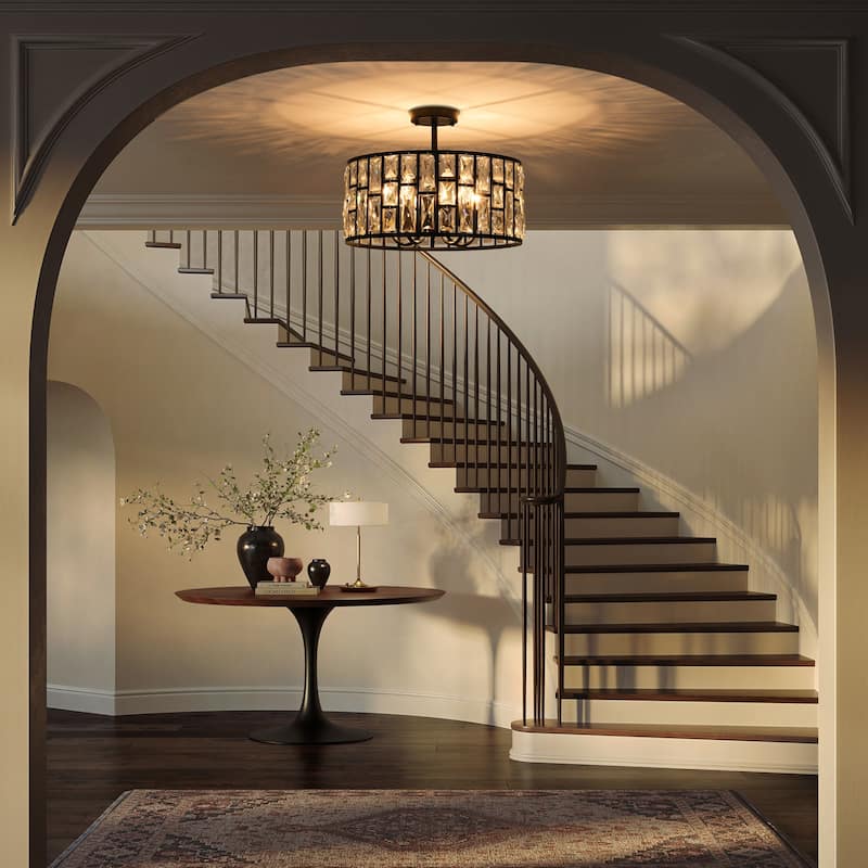 3/5-Light Industrial Vintage Black Drum Semi-Flush Mount Ceiling Light with Crystal Accents