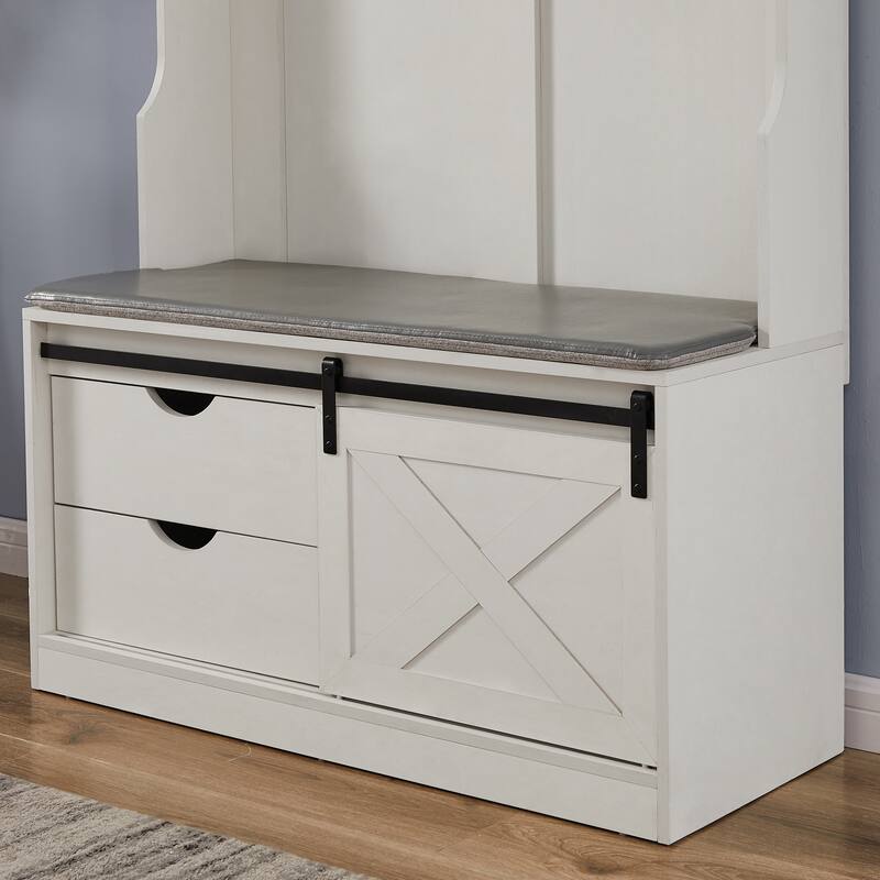 Wood White Coat Rack with Shoe Storage Entryway Upholstered
