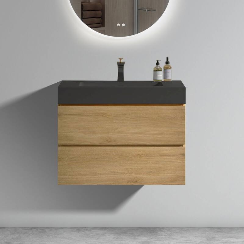 GDFStudio - Naomi Modern Floating Bathroom Vanity with Soft-Close Drawers and Pre-Assembled One-Piece Sink Basin - Light Oak - 30"