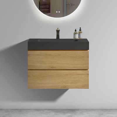 Single Wall Mounted Bathroom Vanity with Natural Oak Finish, Silent Soft-Closing Drawers, Black Solid Surface Basin
