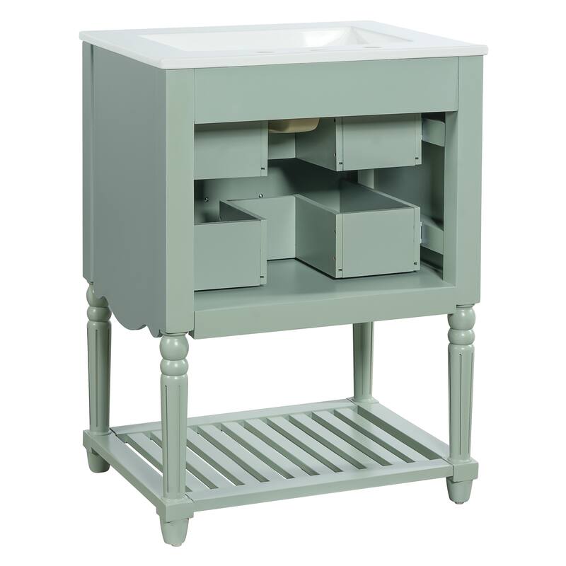 24" Bathroom Vanity with Ceramic Sink, Drawers and an Open Shelf