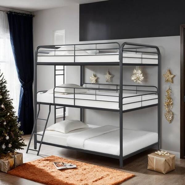 slide 2 of 10, Full Over Full Over Full Metal Bunk Bed with 2 Attached Ladders, Black Black