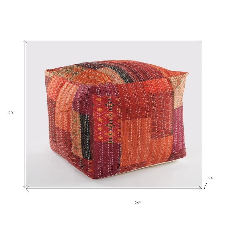 24" Square Red Pouf Ottoman with Cotton Blend Upholstery and Modern Patchwork Design Great for Footrest