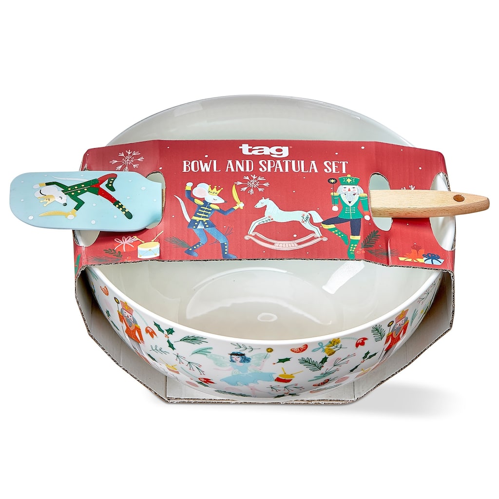 Nutcracker Bowl Set with Spatula - 72oz Mixing & Serving Bowls, Multicolor Bone China, Dishwasher Safe, Christmas Decor