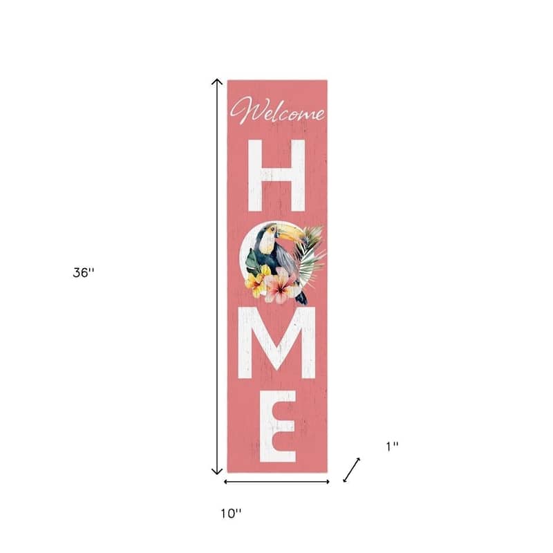 HomeRoots 36" Pink And White Solid Wood Tropical Floral Welcome Home Porch Sign