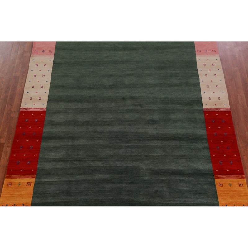Hand Knotted Oriental 100% Wool Carpet Tribal Bordered Green Gabbeh Area Rug - 11' 5'' X 8' 2''