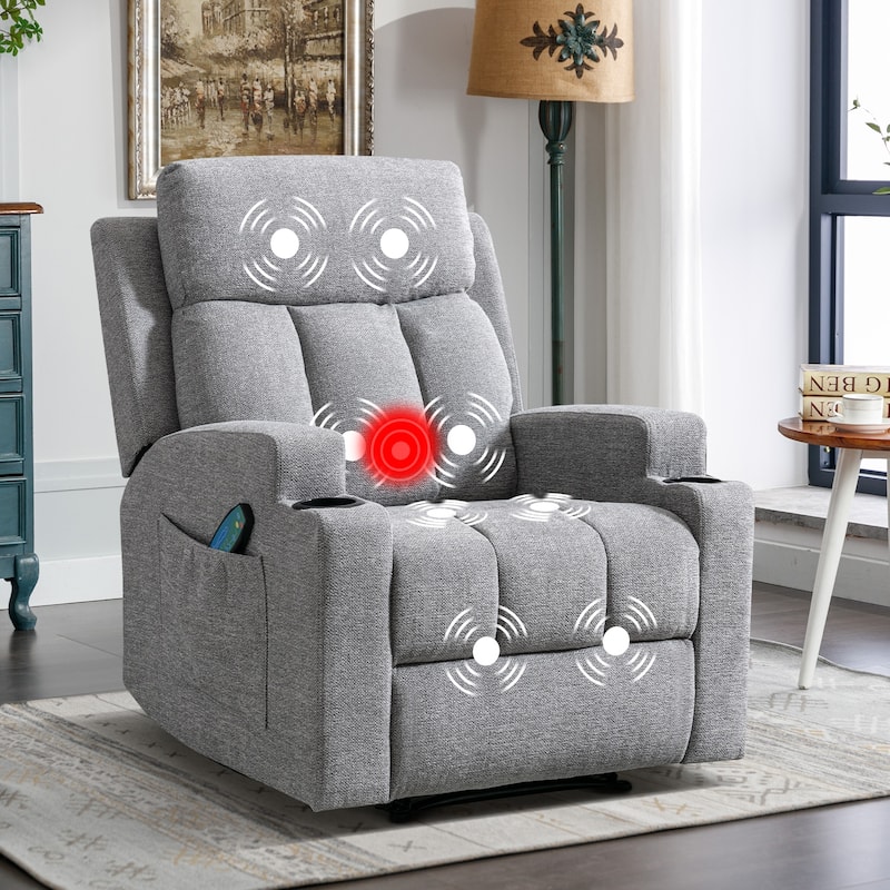 Massage and Heating Manual Recliner Chair with 2 Cup Holders Breathable Fabric - Light Grey 