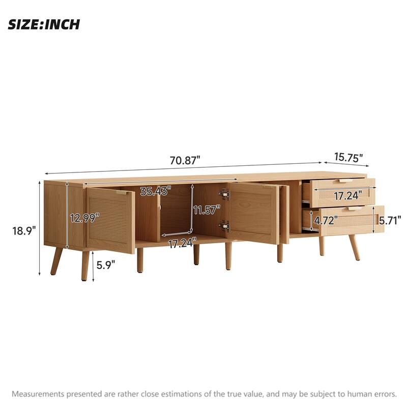 70" Rattan TV Stand for TVs up to 80", Modern Media Console with 2 Drawers, Storage Cabinets & Cable Holes, Solid Wood Legs