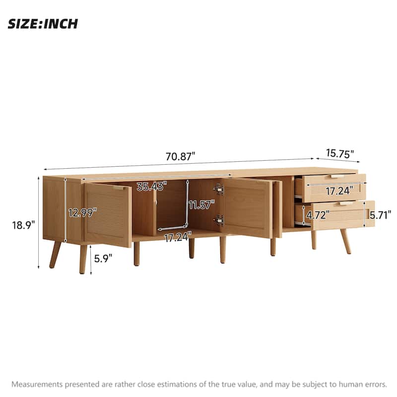 70inch Modern TV Stand with Rattan Doors for TVs up to 80", Media Console with Storage Space, 2 Drawers & Cable Holes