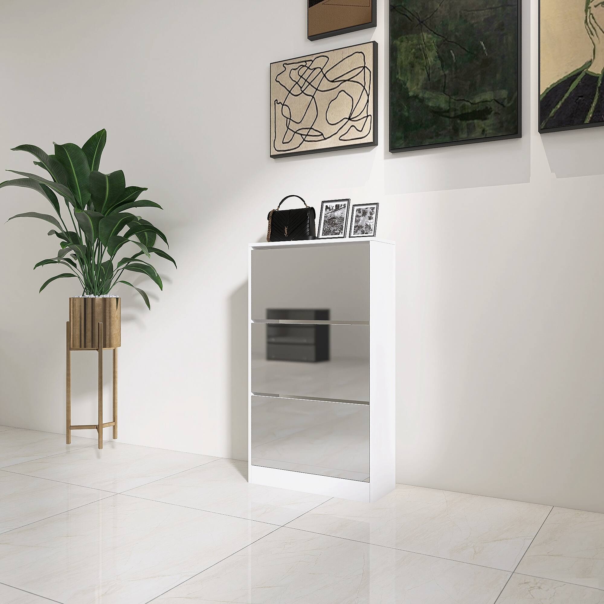 Narrow Shoe Storage with Mirror, Wood Slim Shoe Rack 3 Tier