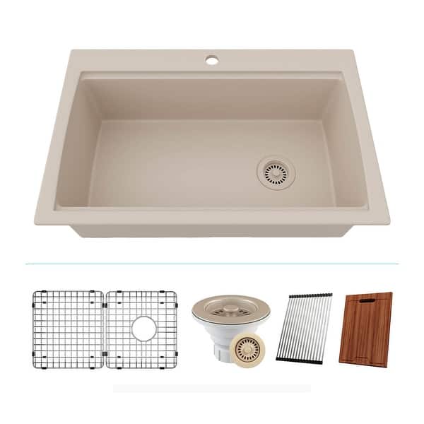 slide 2 of 8, Lexicon 33 Inch Platinum Quartz Composite Drop-in Undermount Single Bowl Workstation Galaxy Beige Kitchen Sink LP-750TM-B Galaxy Beige