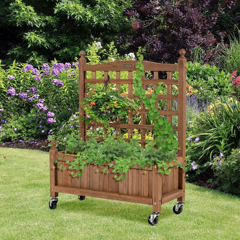 32in Wooden Planter Box with Trellis and Wheels for Climbing Plants - 25'' x 11'' x 32.5'' (L x W x H)