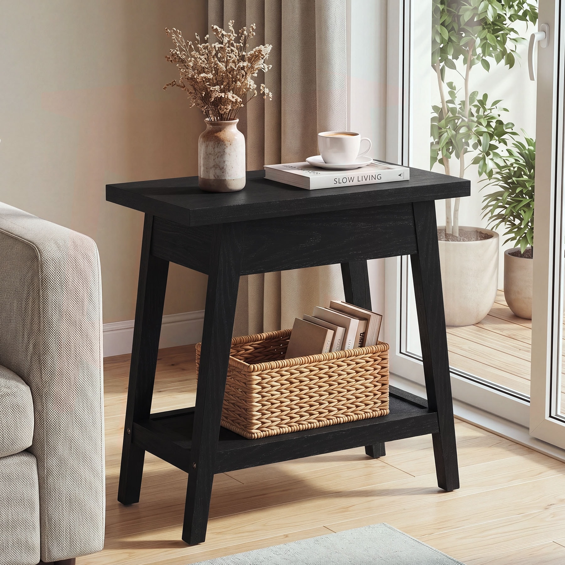 Solid Wood End Table Narrow Side Table with Storage for Living Room - 12.6"D x 23.62"W x 23.62"H