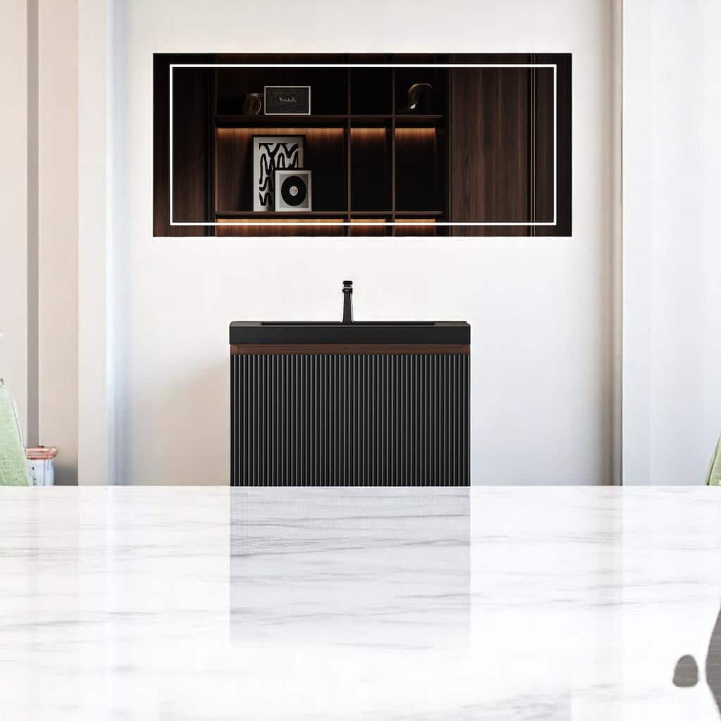 24''/30''/36''/42'' Floating Vanity,Smoked Walnut Storage Cabinet with Soft-Close Drawers,Black Quartz Sand Sink,Wall-Mounted