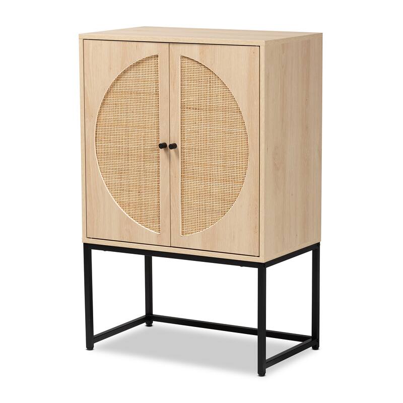 Ardon Bohemian Wood Storage Cabinet with Natural Rattan-Accented doors - Light Brown, Black