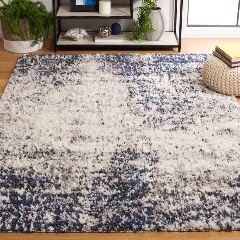 SAFAVIEH Jericho Shag Starr 1.2-inch Thick Rug - 6'7" Square - Ivory/Navy
