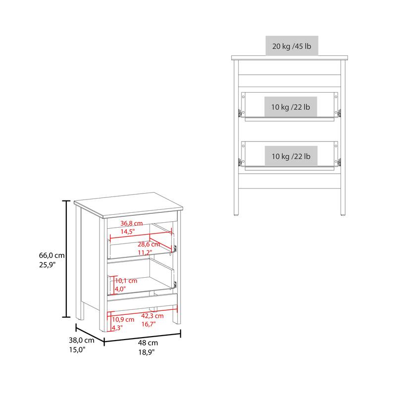 Modern White Two-Drawer Nightstand with Open Shelf