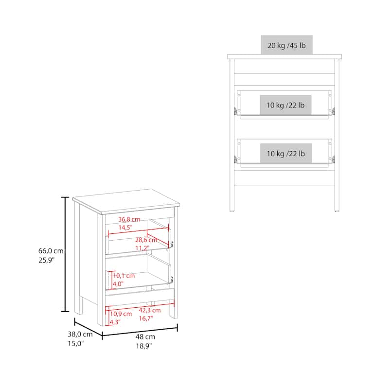 Nightstand Two Drawer And Open Shelf, Modern Bedside Table, White