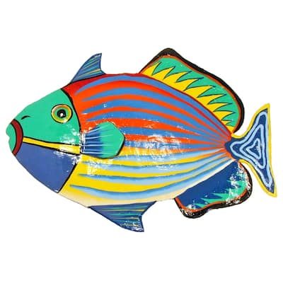 Hand Crafted Tropical Striped Trigger Fish Haitian Metal - Multi