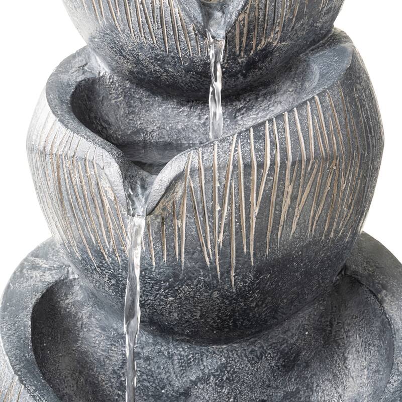 Glitzhome 34"H 4-Tiered Pre-lit Zen-Style Alms Bowl Polyresin Indoor Outdoor Floor Fountain