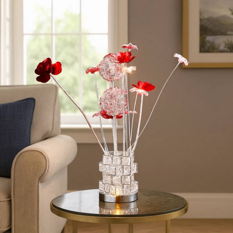 Accent Table Lamp, LED, Red Roses, Crystal Square Vase, Chrome 21 Inch