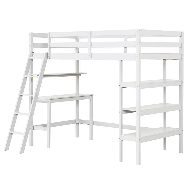 Gymax Twin Size Solid Wood Loft Bed w/ Desk & Bookshelves Ladder &
