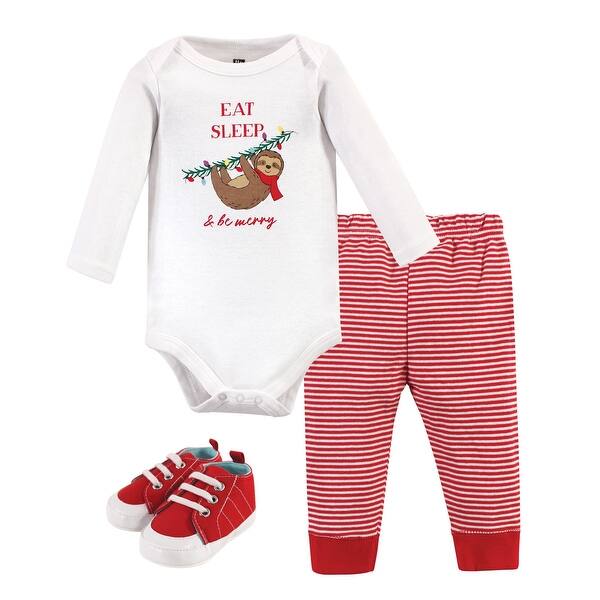 slide 1 of 1, Hudson Baby Infant Boy Cotton Bodysuit, Pant and Shoe 3pc Set, Christmas Sloth 0-3 Months - Christmas Sloth