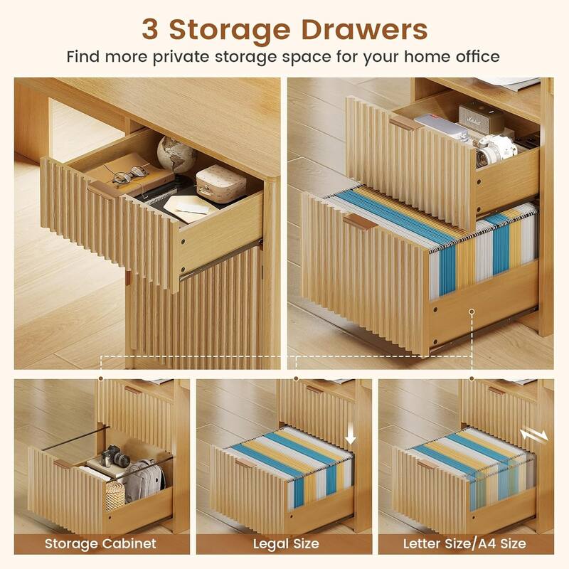 66" L Shaped Desk Drawers Home Office Desk File Cabinet Executive Desk