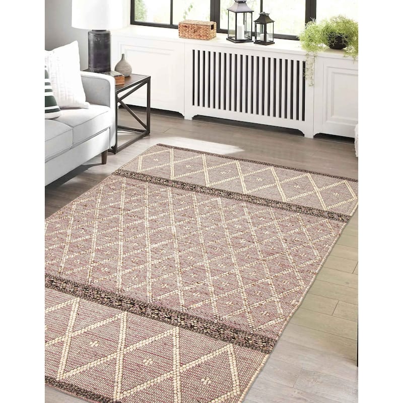 ECARPETGALLERY Braid weave Sienna Khaki, Pink Wool Rug - 6'2 x 9'1