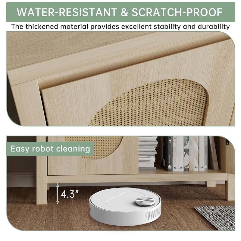 Rattan Storage Cabinet with PVC Woven Doors, Wooden Sideboard Buffet, with Adjustable Shelf, Multifunctional Cupboard