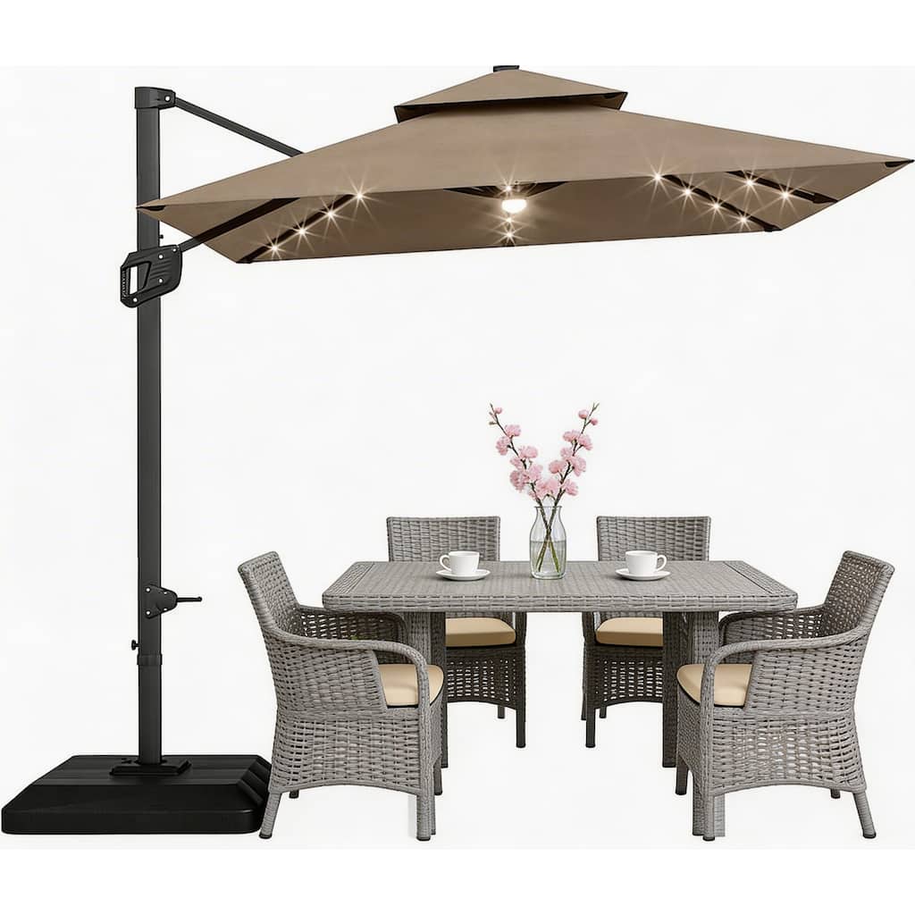 10x10Ft Square Solar LED Cantilever Umbrella , with Weighted Base