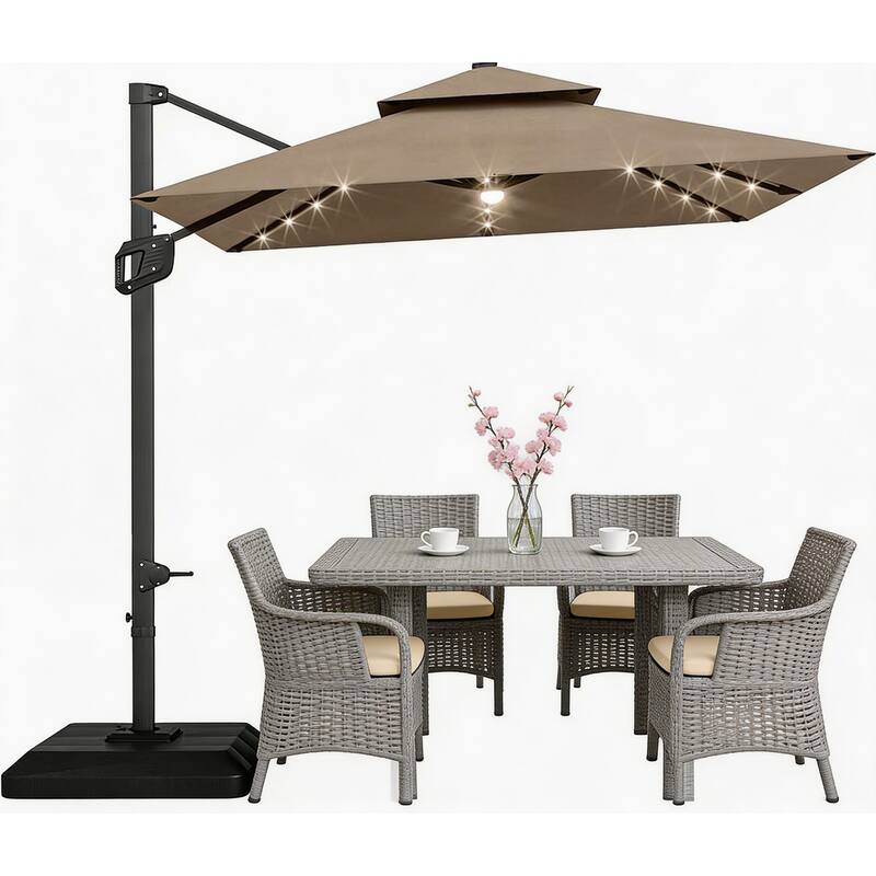 10x10Ft Square Solar LED Cantilever Umbrella , with Weighted Base - Tan